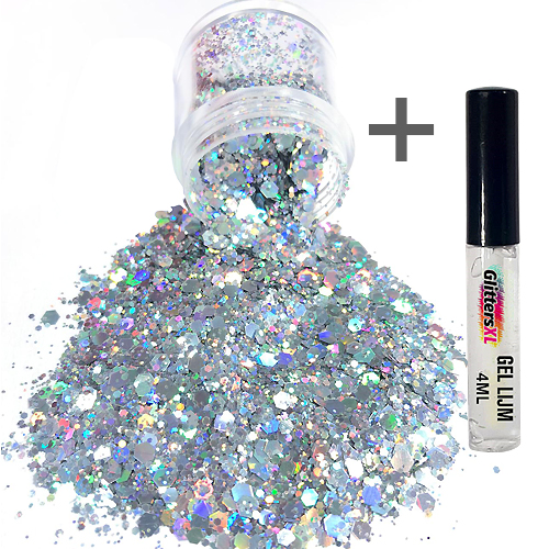 Chunky Glitters voor Lichaam en Gezicht (Zilver) (8g) + Glitter Gel Huid Lijm (4ml)