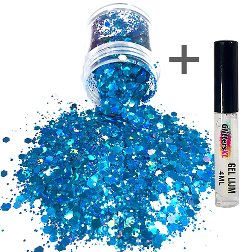 Chunky Glitters voor Lichaam en Gezicht (Blauw) (8g) + Glitter Gel Huid Lijm (4ml)