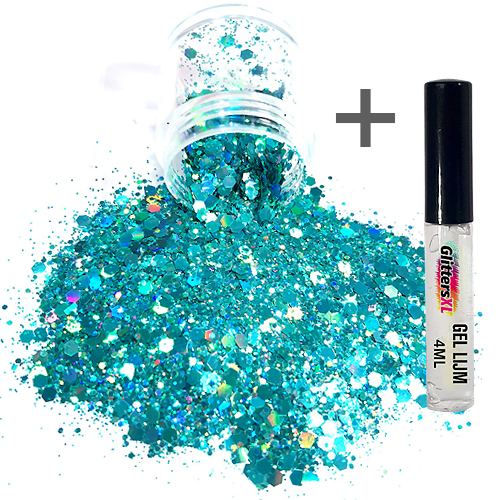 Chunky Glitters voor Lichaam en Gezicht (Turquoise) (8g) + Glitter Gel Huid Lijm (4ml)