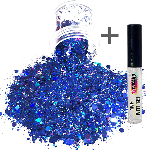 Chunky Glitters voor Lichaam en Gezicht (Donkerblauw) (8g) + Glitter Gel Huid Lijm (4ml)