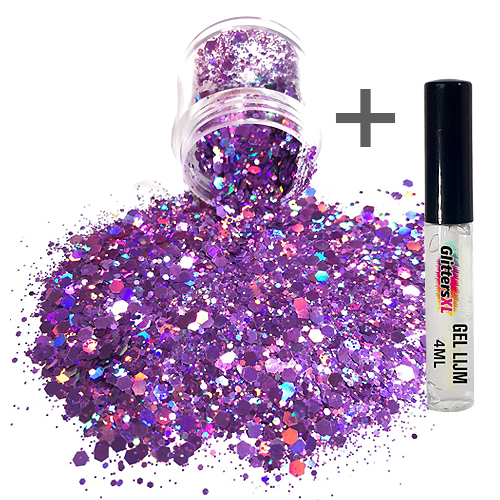 Chunky Glitters voor Lichaam en Gezicht (Paars) (8g) + Glitter Gel Huid Lijm (4ml)