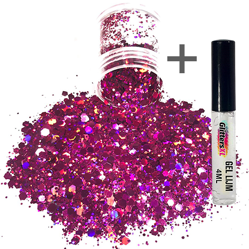 Chunky Glitters voor Lichaam en Gezicht (Donker Roze) (8g) + Glitter Gel Huid Lijm (4ml)