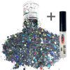 Chunky Glitters voor Lichaam en Gezicht (Zilver/Zwart) (8g) + Glitter Gel Huid Lijm (4ml)