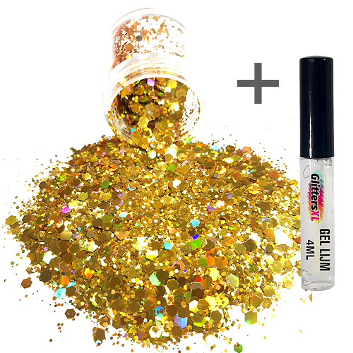 Chunky Glitters voor Lichaam en Gezicht (Goud) (8g) + Glitter Gel Huid Lijm (4ml)