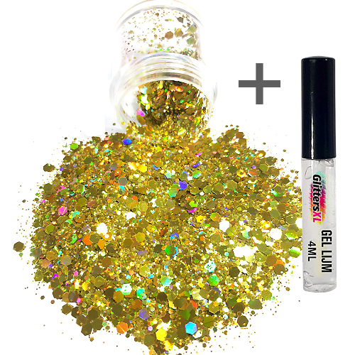 Chunky Glitters voor Lichaam en Gezicht (Goud) (8g) + Glitter Gel Huid Lijm (4ml)