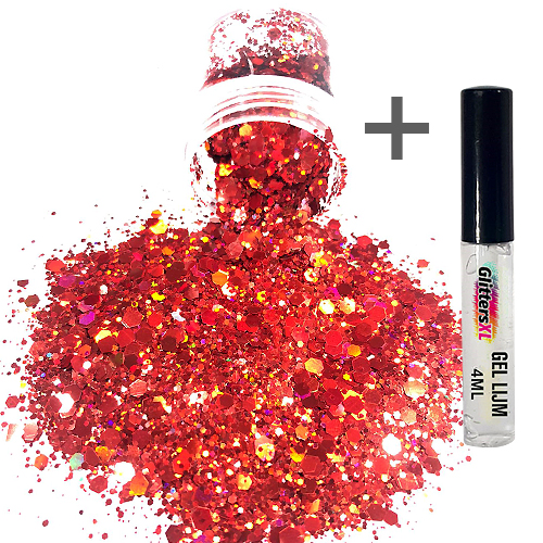 Chunky Glitters voor Lichaam en Gezicht (Rood) (8g) + Glitter Gel Huid Lijm (4ml)