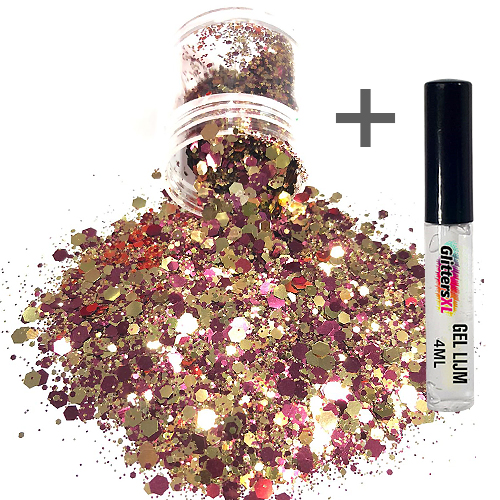 Chunky Glitters voor Lichaam en Gezicht (Goud/Roze) (8g) + Glitter Gel Huid Lijm (4ml)