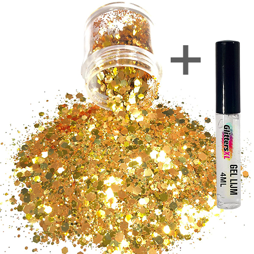 Chunky Glitters voor Lichaam en Gezicht (Goud) (8g) + Glitter Gel Huid Lijm (4ml)