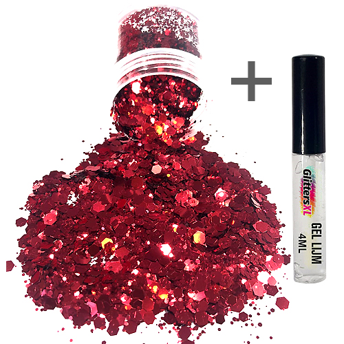 Chunky Glitters voor Lichaam en Gezicht (Rood) (8g) + Glitter Gel Huid Lijm (4ml)