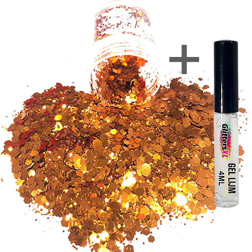 Chunky Glitters voor Lichaam en Gezicht (Oranje) (8g) + Glitter Gel Huid Lijm (4ml)