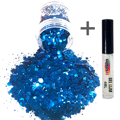 Chunky Glitters voor Lichaam en Gezicht (Blauw) (8g) + Glitter Gel Huid Lijm (4ml)