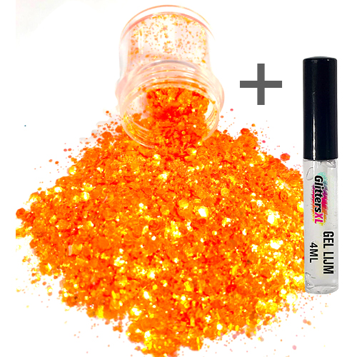 Chunky Glitters voor Lichaam en Gezicht (Oranje) (8g) + Glitter Gel Huid Lijm (4ml)