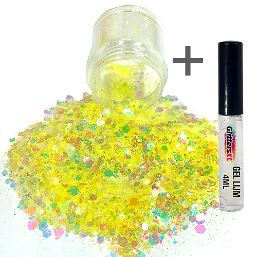 Chunky Glitters voor Lichaam en Gezicht (Geel) (8g) + Glitter Gel Huid Lijm (4ml)