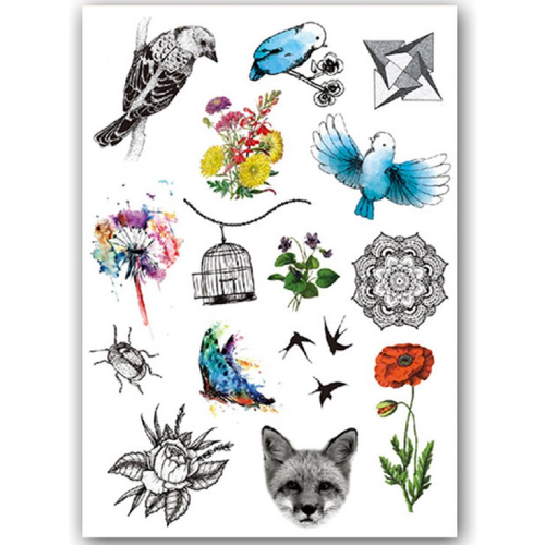 Temporary Tattoo Vogels/Bloemen/Natuur (A5 formaat)