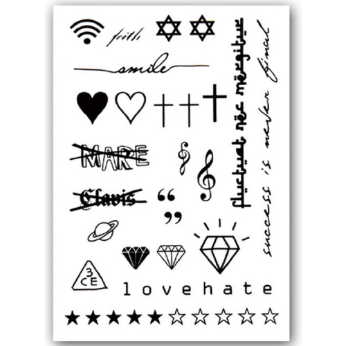 Temporary Tattoo Hart/Kruis/Diamant/Sterren/Teksten (A5 formaat)