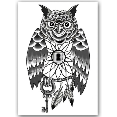 Temporary Tattoo Uil met sleutel (A5 formaat)