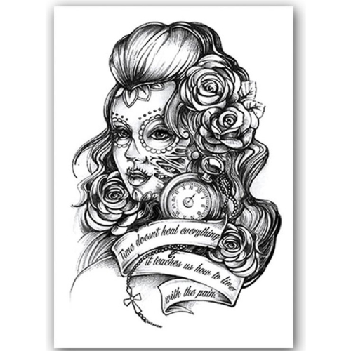 Temporary Tattoo Vrouw/Rozen/Klok (A5 formaat)