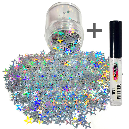 Chunky Glitters voor Lichaam en Gezicht (Zilveren Sterren) (8g) + Glitter Gel Huid Lijm (4ml)