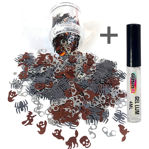 Chunky Glitters voor Lichaam en Gezicht (Halloween Figuurtjes Zilver/Bruin) (8g) + Glitter Gel Huid Lijm (4ml)